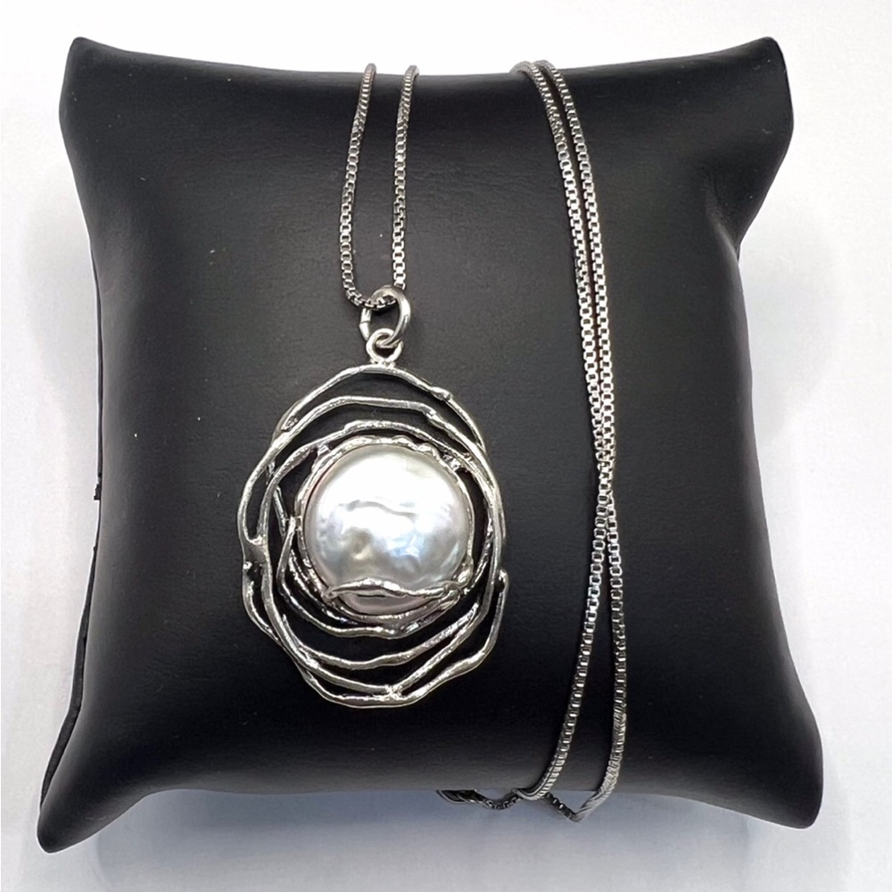 925 Sterling Silver Wired Freshwater Pearl Pendant Necklace Size 18”